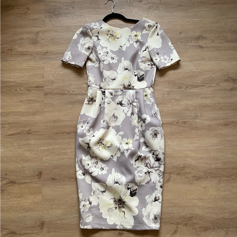 gray floral midibody con dress. Professional/work appropriate